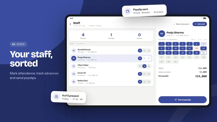 Staff screen with attendance for the day and a payslip being sent.