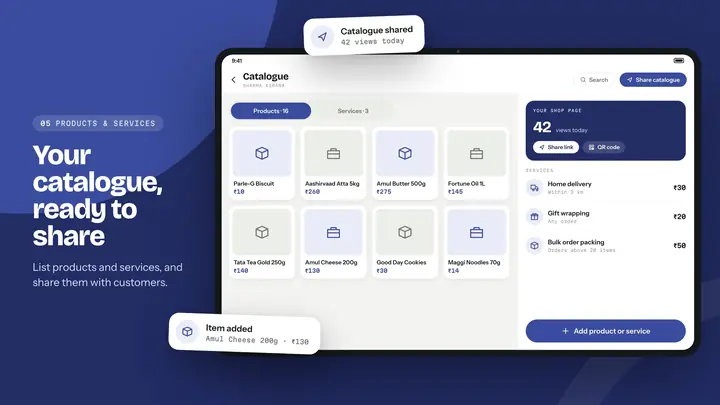 Catalogue of products and services with a Share catalogue button.